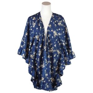 Floral Ruffle Kimono Cardigan Navy Yellow Open Front Sheer Size S/M